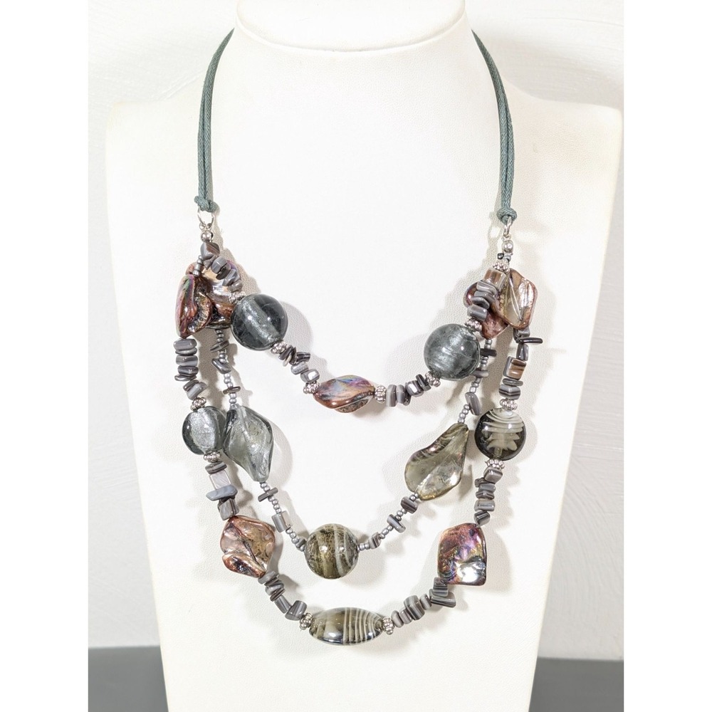 Beachy Boho Gray Glass Shell Beaded Multi Strand Cord Layer Necklace 18"